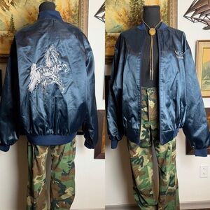 Vintage 80s-90s Lightweight Blue Satin Bomber "Fall Classic CHAMPION" Adult XL